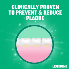Listerine Fresh Burst mouthwash marketing image showing teeth and gums with claim clinically proven to prevent and reduce plaque