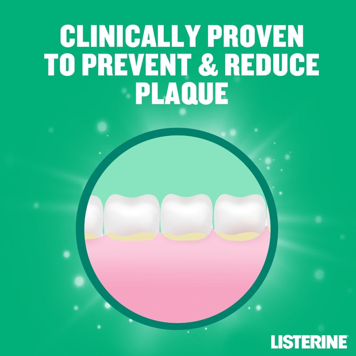 Listerine Fresh Burst mouthwash image showing clinically proven plaque reduction on teeth with Listerine logo