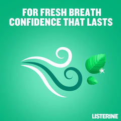 Listerine Fresh Burst mouthwash promotional image green background with mint leaves swirls and LISTERINE logo