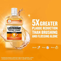 Listerine Total Care mouthwash UAE bottle on orange background showing zero alcohol milder taste and 5X plaque reduction claim