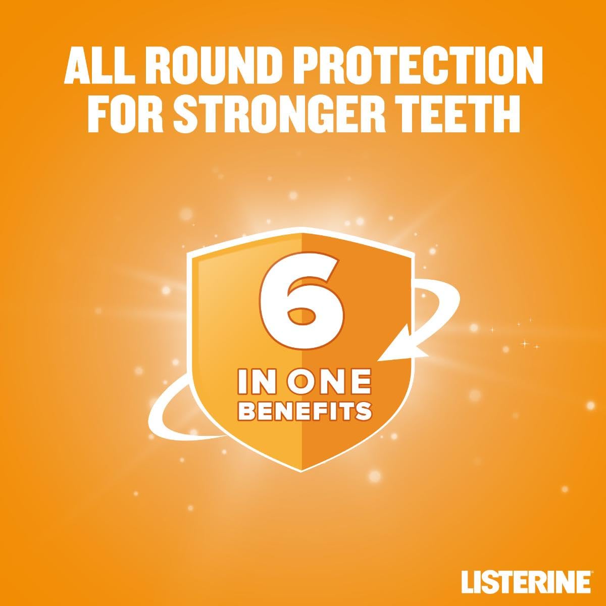 Listerine Total Care mouthwash UAE ad with orange shield showing 6 in one benefits and all round protection