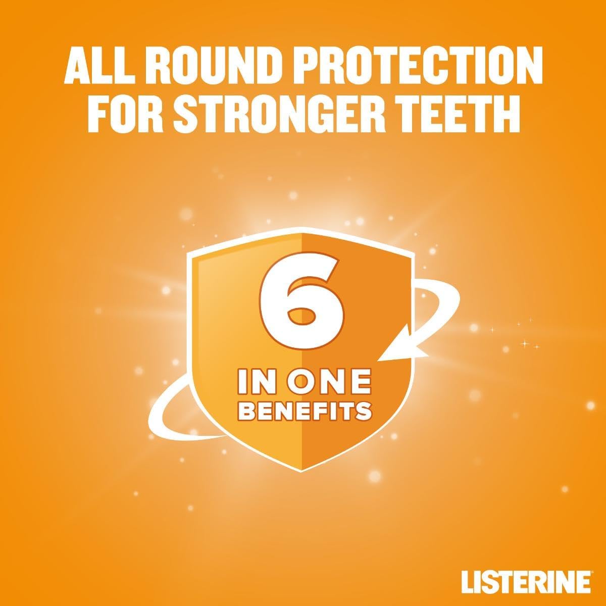 Listerine Total Care mouthwash UAE promotional graphic orange shield showing 6 in one benefits for stronger teeth