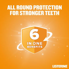 Listerine Total Care mouthwash UAE promotional graphic orange shield showing 6 in one benefits for stronger teeth