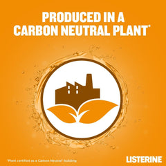 Listerine Total Care mouthwash UAE graphic showing produced in a carbon neutral plant icon with factory and leaves