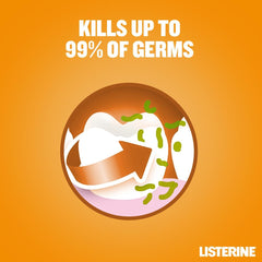 Listerine Total Care mouthwash UAE orange label graphic of white tooth with arrow removing green germs kills 99 percent