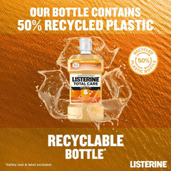 Listerine Total Care mouthwash UAE bottle on gold background highlighting recyclable bottle with 50 percent recycled plastic