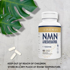 LIVEMAX bottle of NMN and resveratrol supplement 1100mg 60 capsules shown with three capsules and a green leaf background