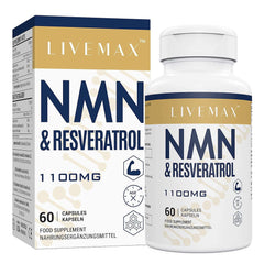 LIVEMAX NMN and resveratrol supplement 1100mg bottle and box 60 capsules white and gold packaging