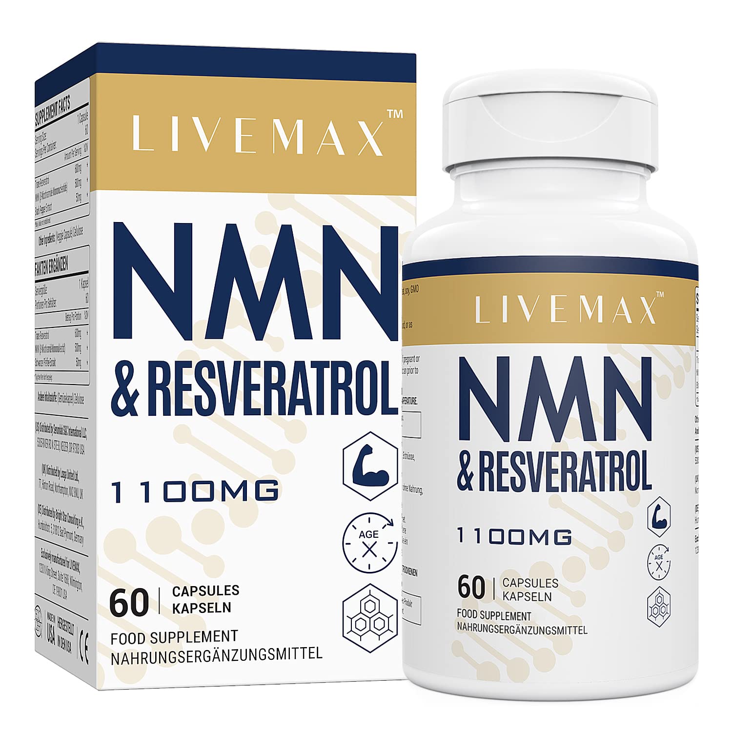 LIVEMAX NMN and resveratrol supplement 1100mg bottle and box 60 capsules white and gold packaging