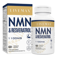 LIVEMAX NMN and resveratrol supplement 1100mg bottle and box 60 capsules white and gold packaging