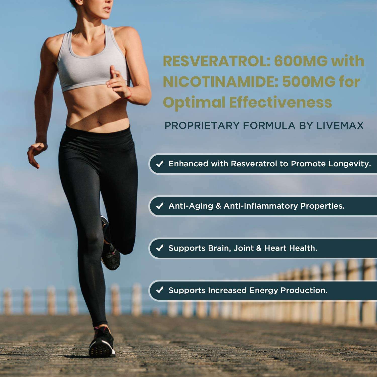 LIVEMAX ad of a woman running outdoors with product claims and NMN and resveratrol supplement benefits