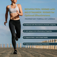 LIVEMAX ad of a woman running outdoors with product claims and NMN and resveratrol supplement benefits