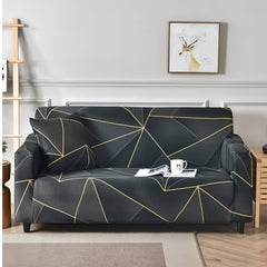 Huitich elastic double seat couch cover in black with modern gold geometric lines on sofa