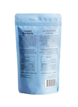 Blue matcha tea powder bag back view with nutrition facts and barcode