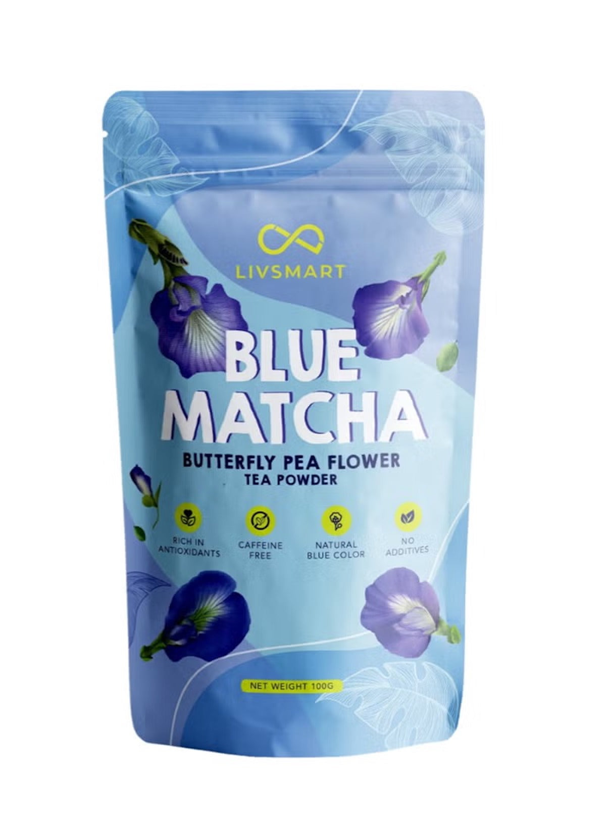 LIVSMART Blue Matcha Tea Powder in a 100g pouch, made from butterfly pea flowers