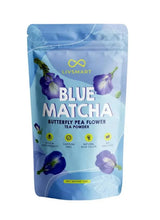 Blue matcha tea powder pouch with butterfly pea flower, stand-up bag