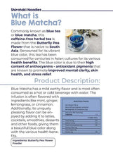 Blue matcha tea product description panel with ingredients and nutrition facts