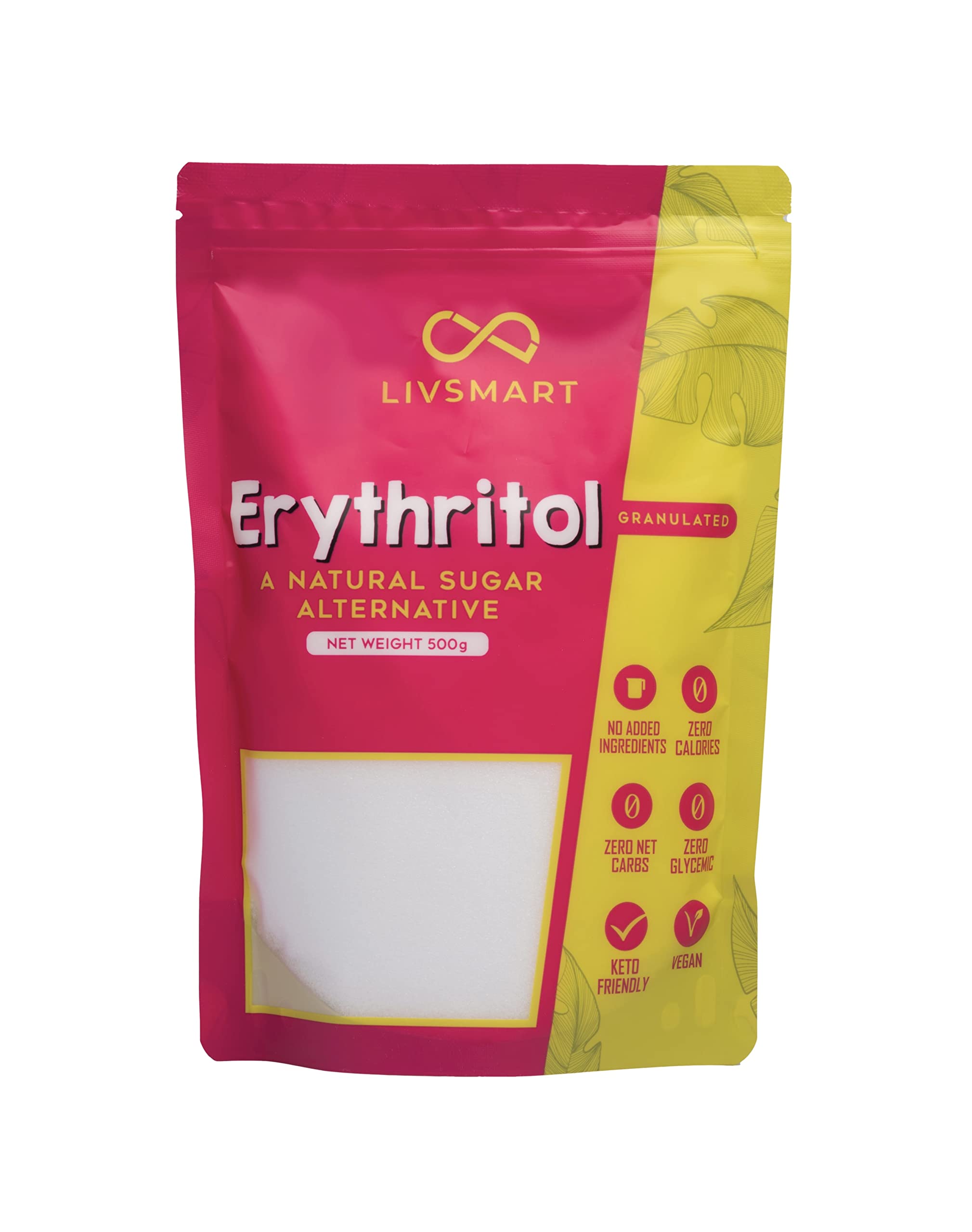 Livsmart granulated erythritol 500g pink and yellow pouch natural sugar alternative erythritol sugar substitute UAE
