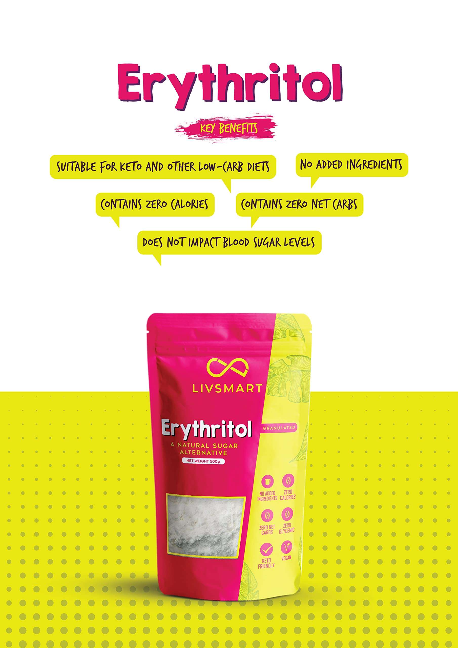 Livsmart pink and yellow pouch of erythritol with benefits labels for keto erythritol sugar substitute UAE