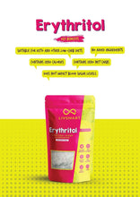 Erythritol sugarfree sweetener pouch with key benefits icons