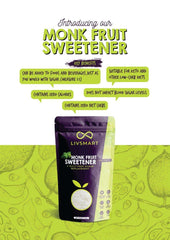 Livsmart pouch of monk fruit sweetener on green patterned background highlighting zero calories keto monk fruit sweetener UAE