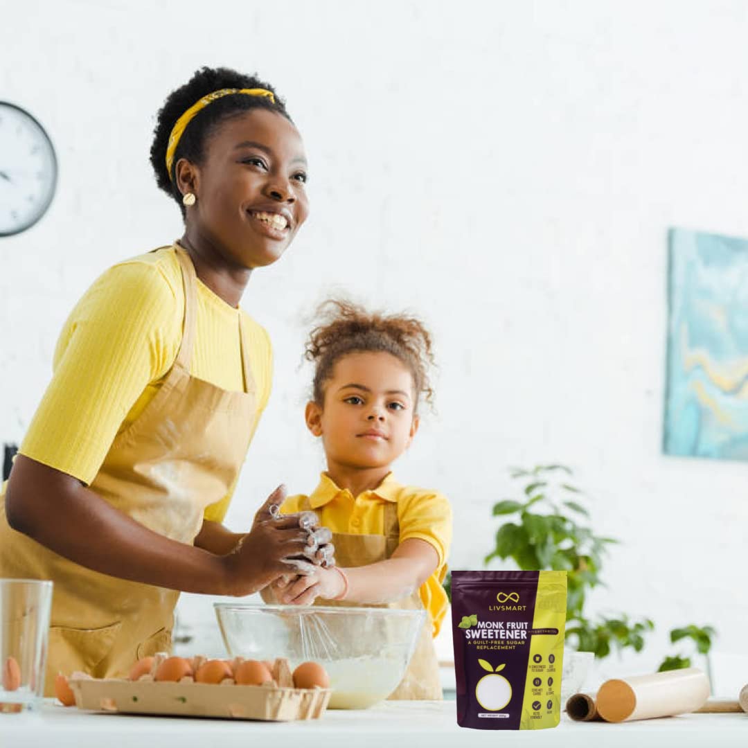Livsmart mother and daughter baking with monk fruit sweetener UAE pouch on counter