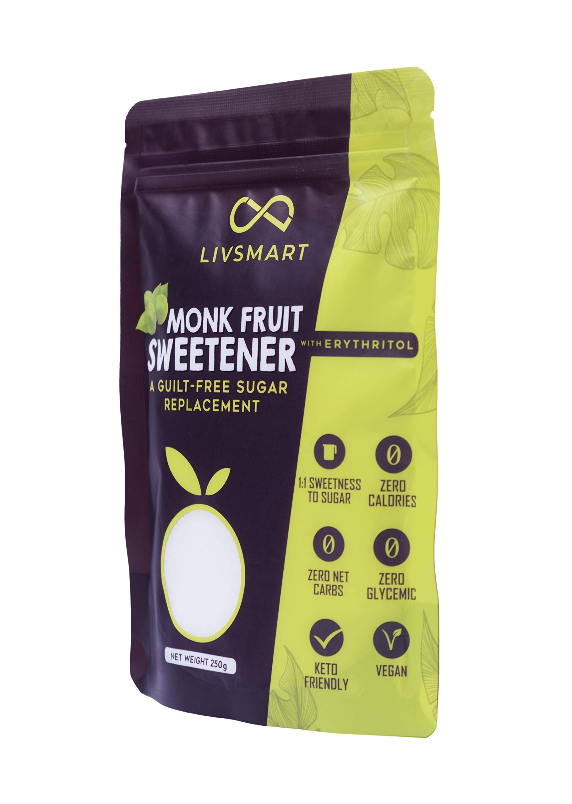 Livsmart monk fruit sweetener UAE pouch with erythritol zero calorie keto friendly vegan packaging