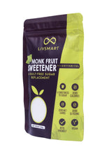 Monk fruit sweetener pouch with purple and green LivSmart branding