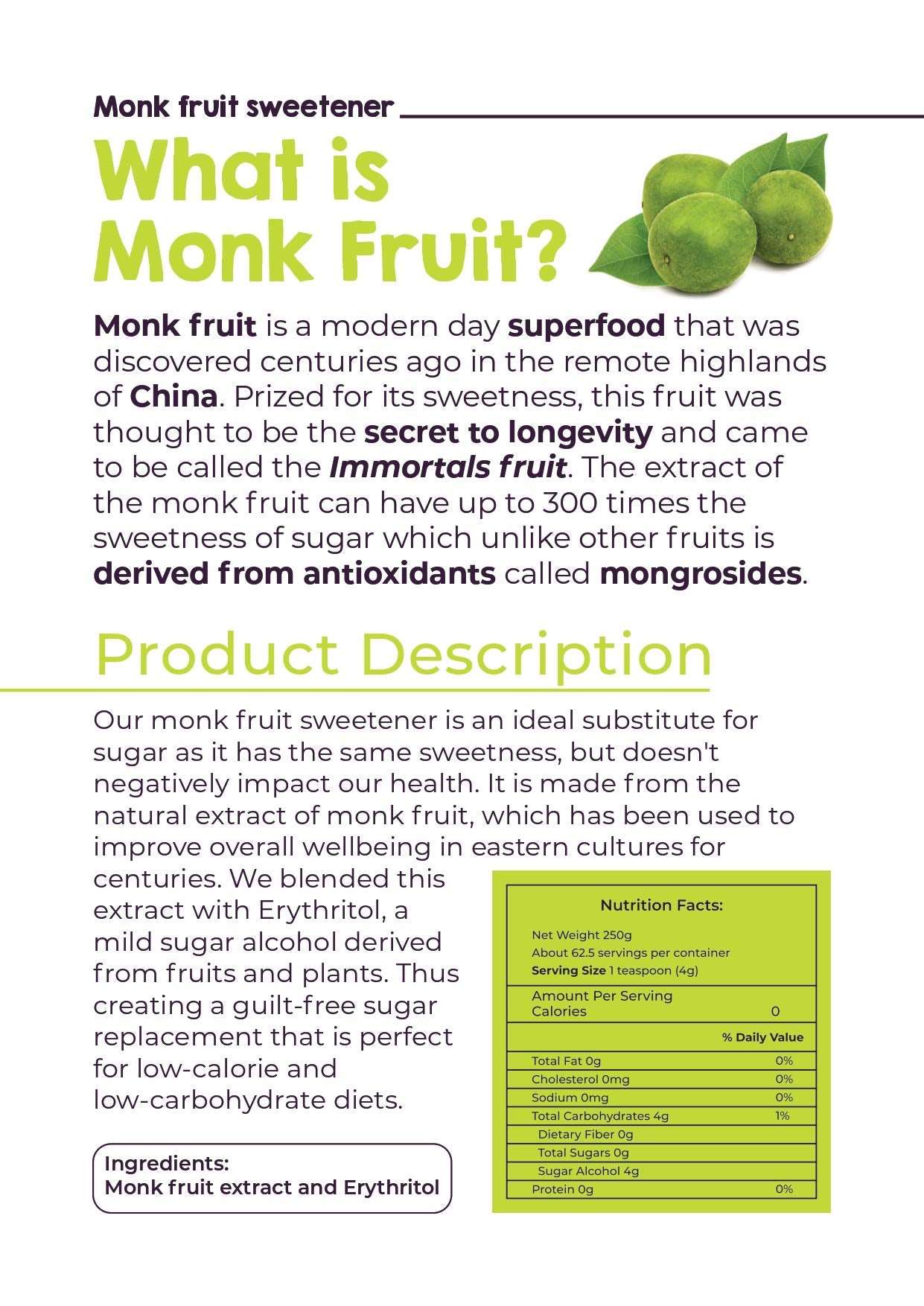 Livsmart monk fruit sweetener UAE label with green monk fruit images product description ingredients and nutrition facts
