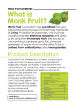 Monk fruit sweetener product information card with green headings