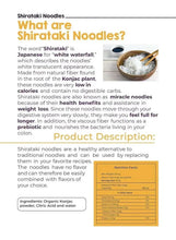 Shirataki noodles product description graphic with pouch and nutrition facts