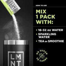 Green electrolyte drink mix packet pouring into cup; mix 16–32 oz water, sparkling water, tea