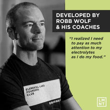 LMNT logo on Elemental Labs shirt; man portrait with text Developed by Robb Wolf & coaches