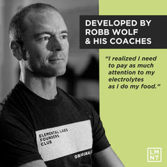 Stoic man in black shirt with LMNT branding and quote promoting zero sugar electrolyte drink mix