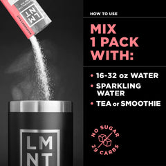 Raspberry zero sugar electrolyte drink mix packet pouring into black LMNT bottle with mixing instructions