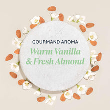 Warm Vanilla & Fresh Almond aroma label graphic for almond hand care