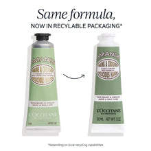 Two L'Occitane almond hand & nail care tubes in recyclable packaging