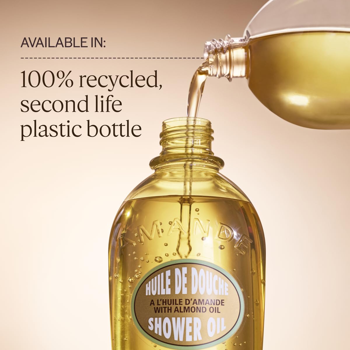 L'Occitane Almond Shower Oil in a 100% recycled plastic bottle for eco-friendly bathing