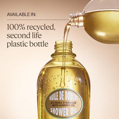 L'Occitane Almond Shower Oil in a 100% recycled plastic bottle for eco-friendly bathing