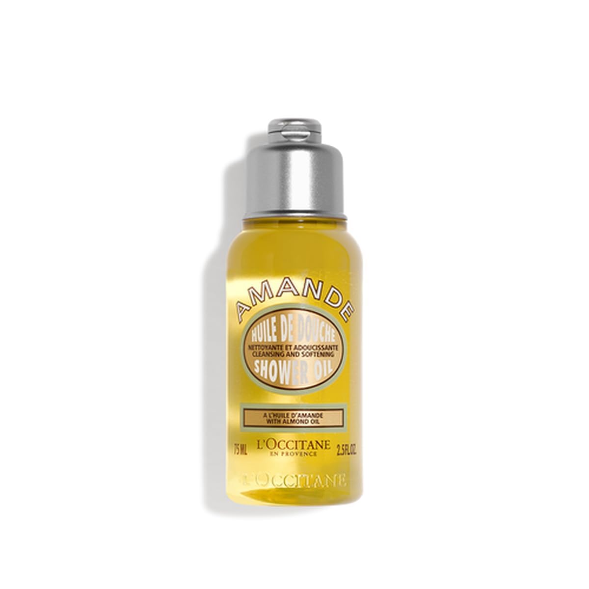 L'Occitane Amande Shower Oil in a sleek bottle designed for moisturizing and softening skin