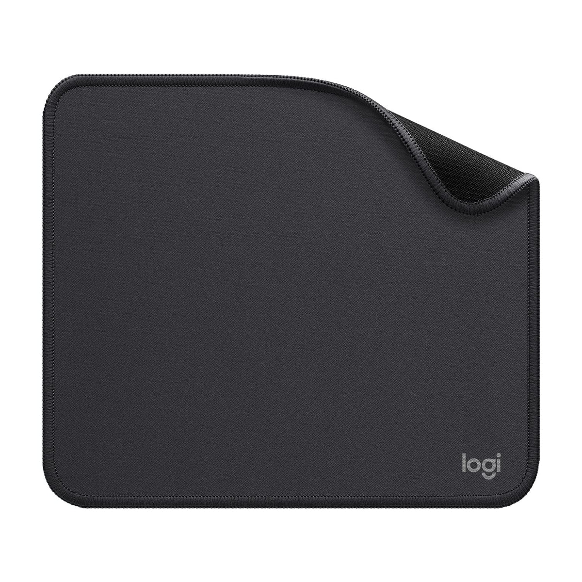 Logitech black anti-slip computer mouse mat with stitched edges and textured base for stability