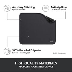 Logitech anti-slip computer mouse mat with anti-fray stitching, recycled polyester surface, and natural rubber base
