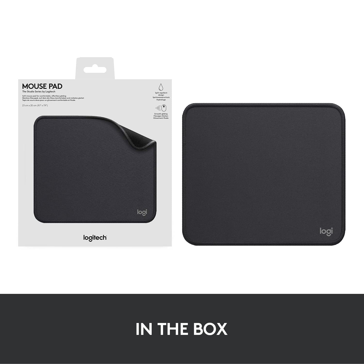 Logitech black anti-slip computer mouse mat with smooth surface and rounded edges in packaging and out