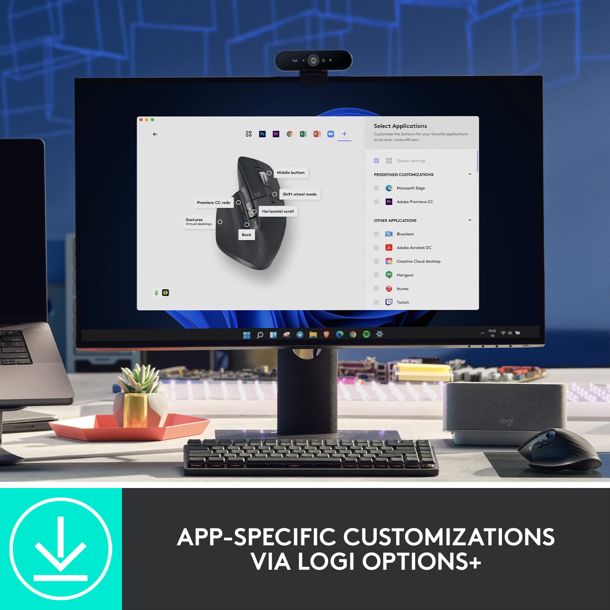 Logitech ergonomic mouse for productivity displayed on a computer screen with app-specific customizations