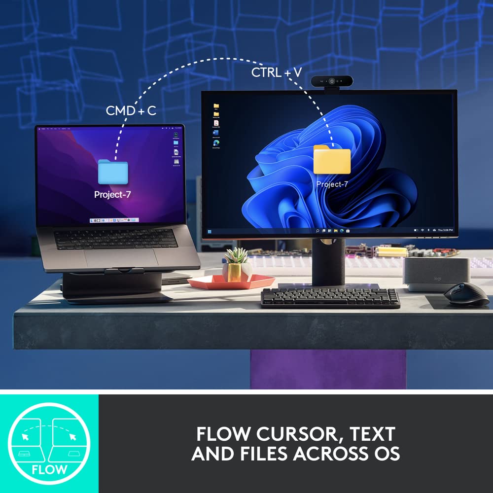 Logitech ergonomic mouse for productivity on desk with laptop and monitor showing file transfer workflow