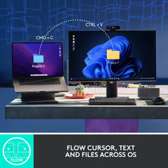 Logitech ergonomic mouse for productivity on desk with laptop and monitor showing file transfer workflow
