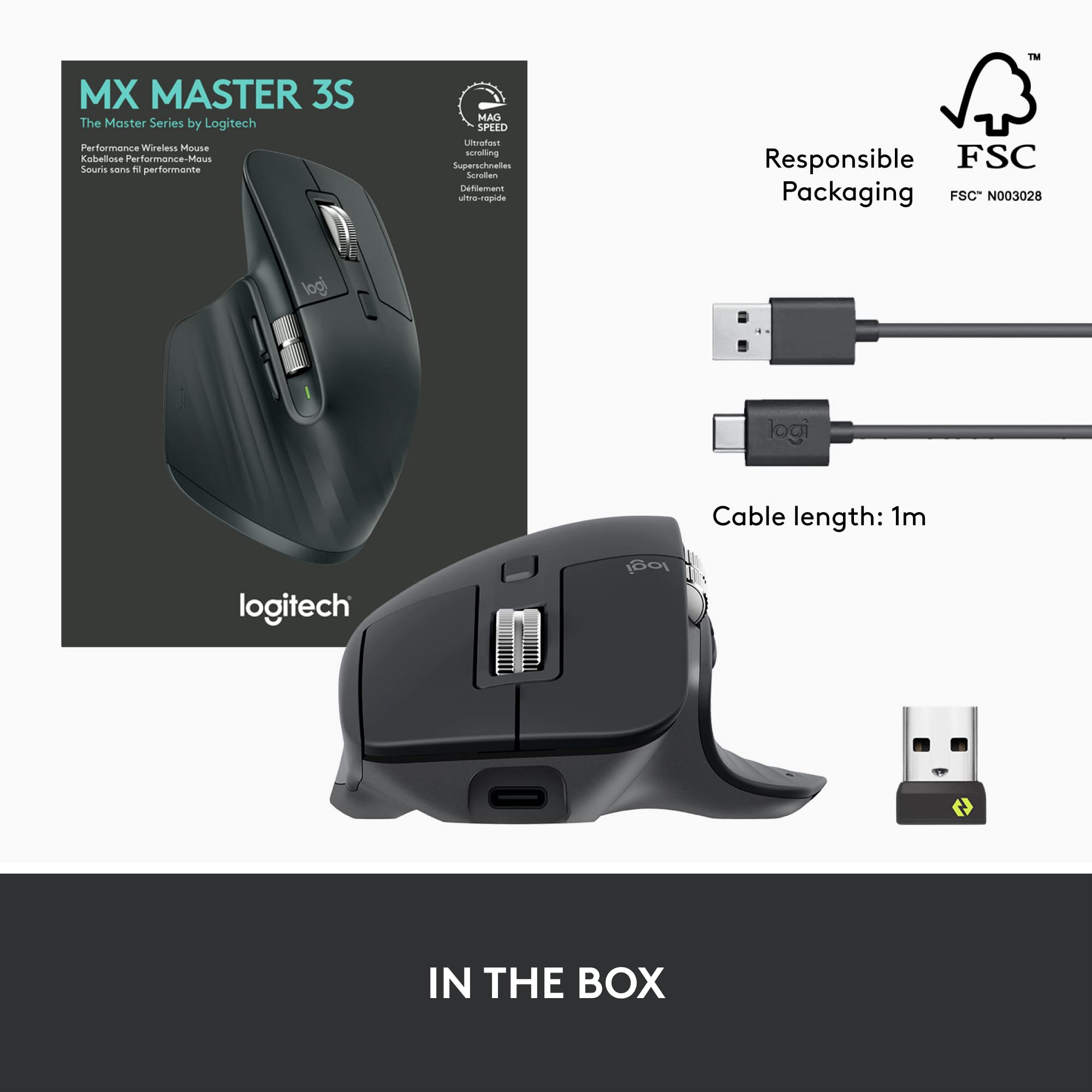 Logitech MX Master 3S ergonomic mouse for productivity with USB receiver and charging cable