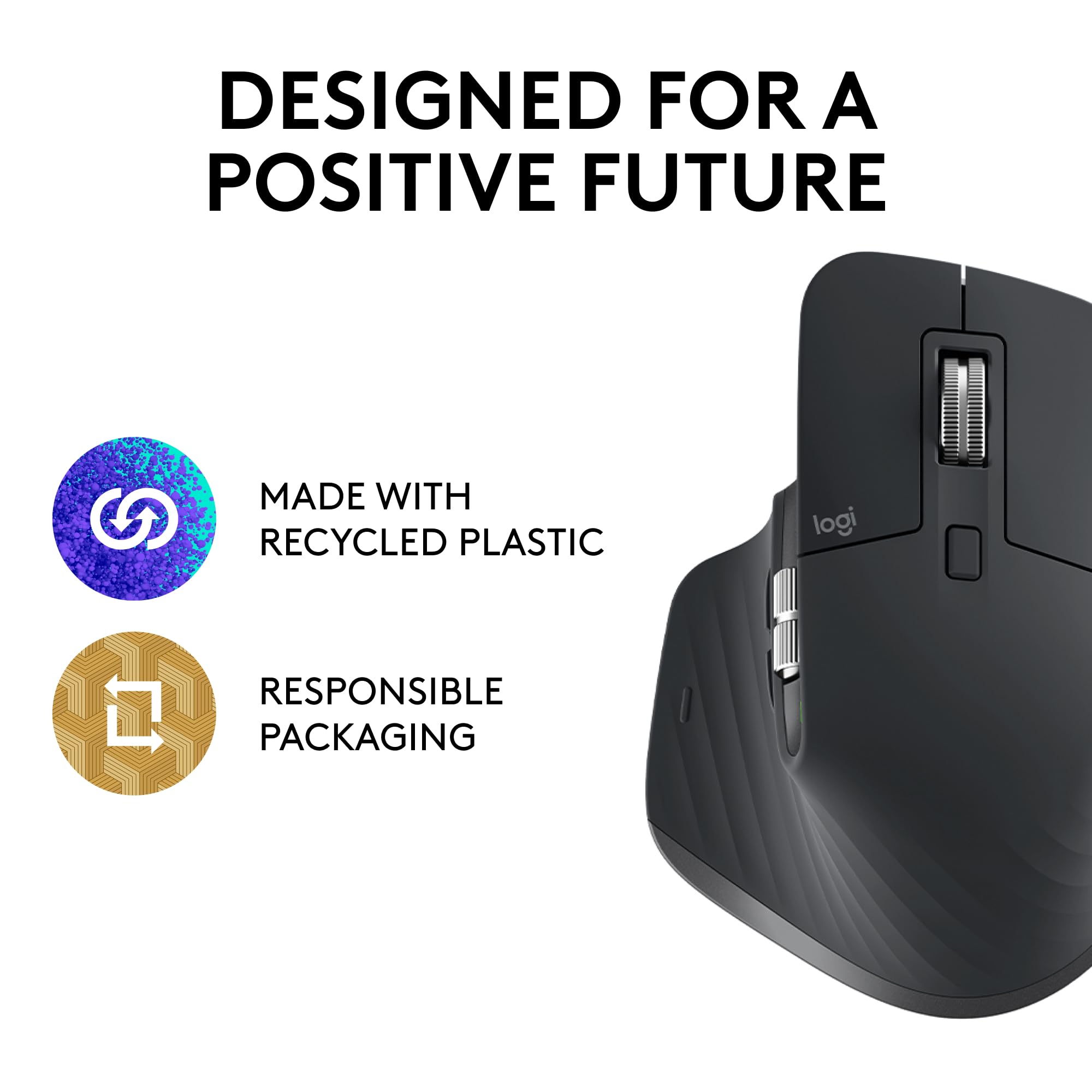 Logitech ergonomic mouse for productivity made with recycled plastic and responsible packaging