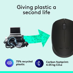 Logitech M171 wireless mouse made with 75 percent recycled plastic with low carbon footprint