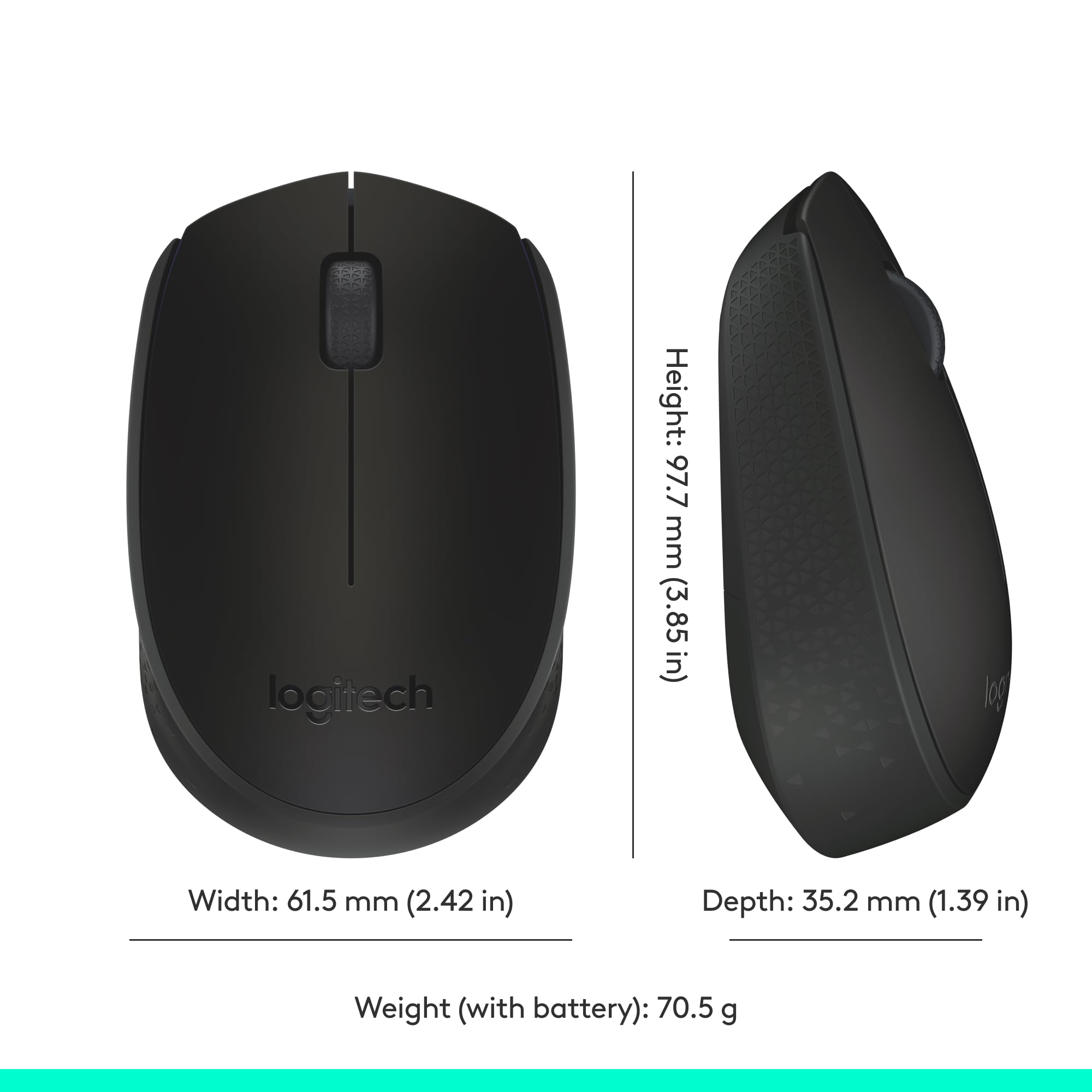 Logitech M171 wireless mouse in black showing top and side view with dimensions and weight